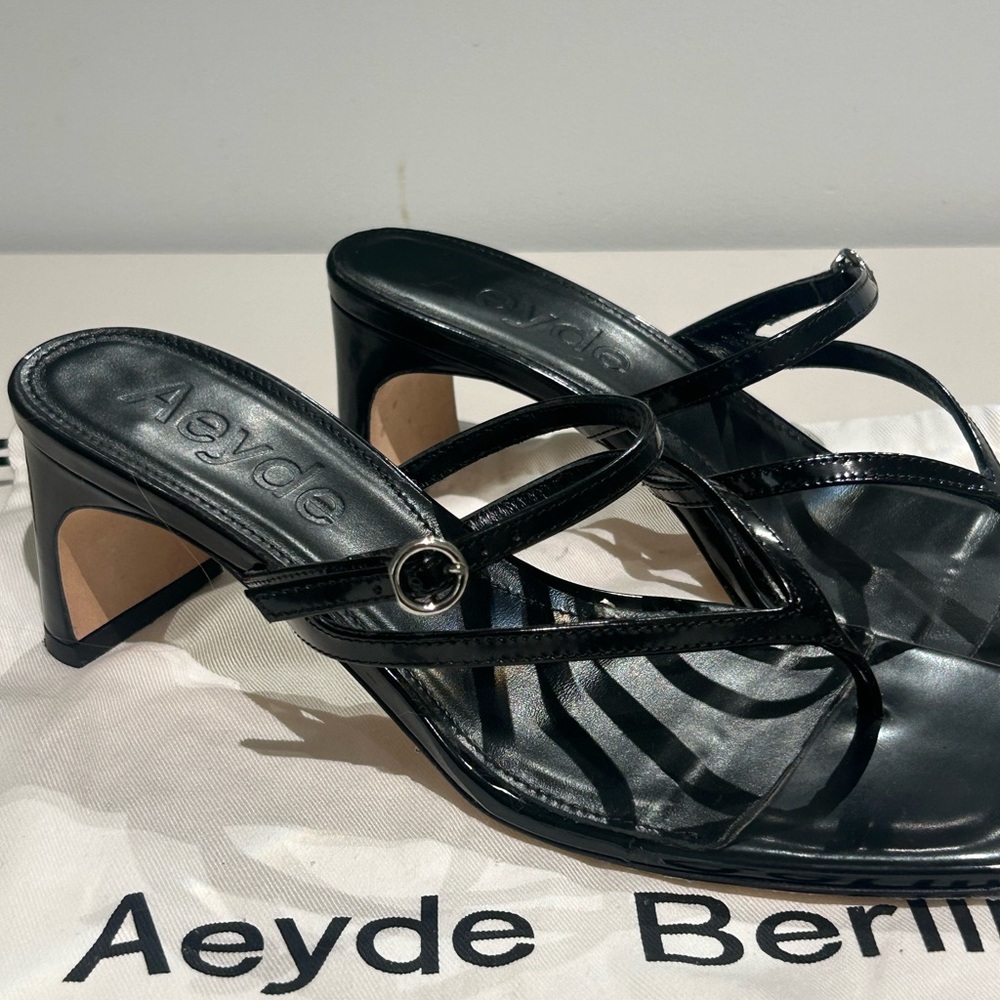Aeyde Black Patent Leather Heels with Ankle Strap
